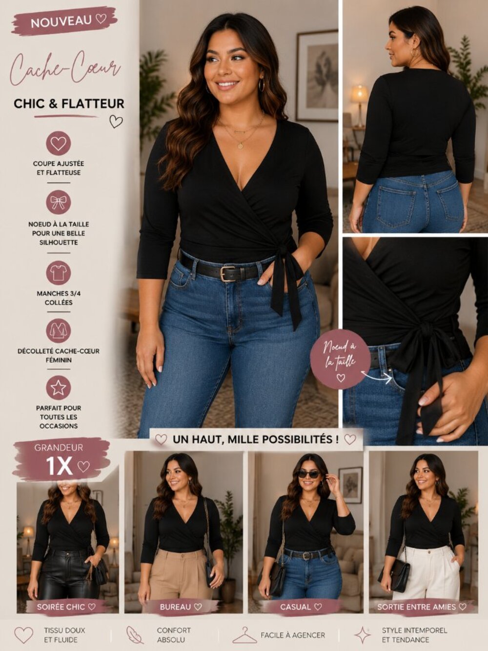Black Wrap Top – Plus Size 1X – Chic Tie Waist Long Sleeve Blouse